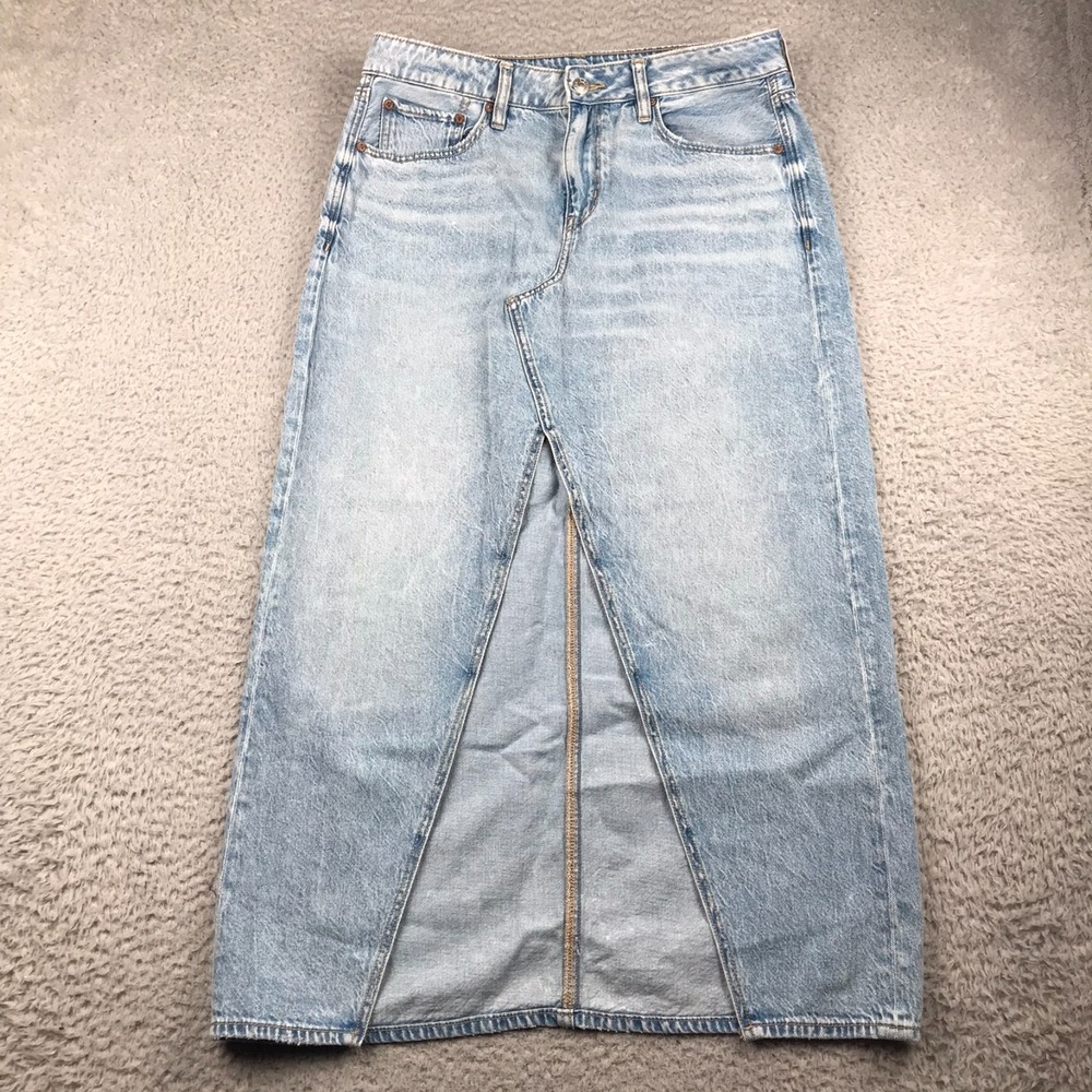 American Eagle Low Rise Maxi Skirt Womens 6 Light Wash High Slit Front Denim Y2K